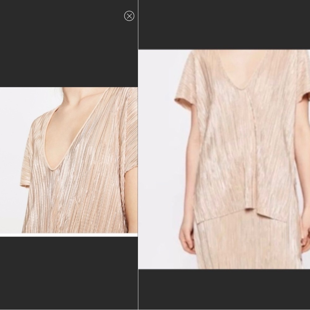 ZARA rose gold metallic pleated stretchy V-neck blouse Sz M